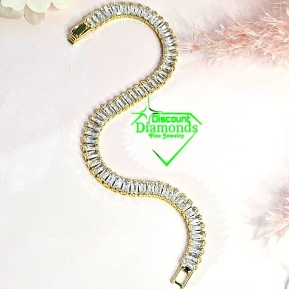 Clear white Baguette Diamond Tennis Bracelet 14K Gold on 925 Sterling Silver - Picture 3 of 10